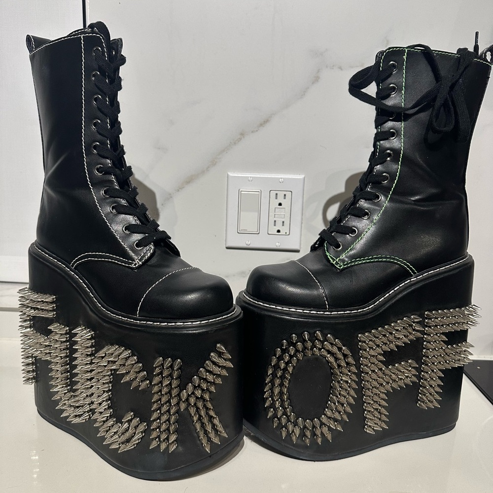 Dolls Kill Never Censored F off Black Platform Boots with Studs - Picture 3 of 11